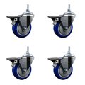 Service Caster 4 Inch Blue Polyurethane 38 Inch Threaded Stem Caster Set with Brake SCC-TS20S414-PPUB-BLUE-PLB-381615-4